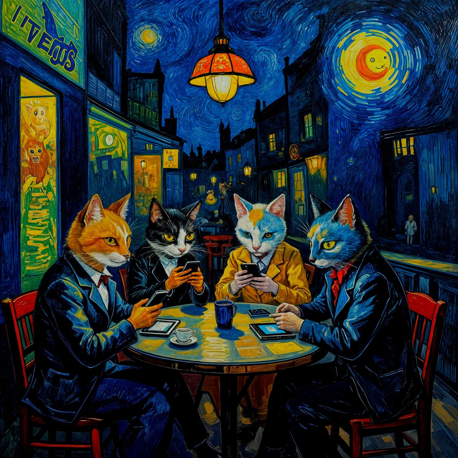 Surreal Night Cafe with Animals Using Smartphones