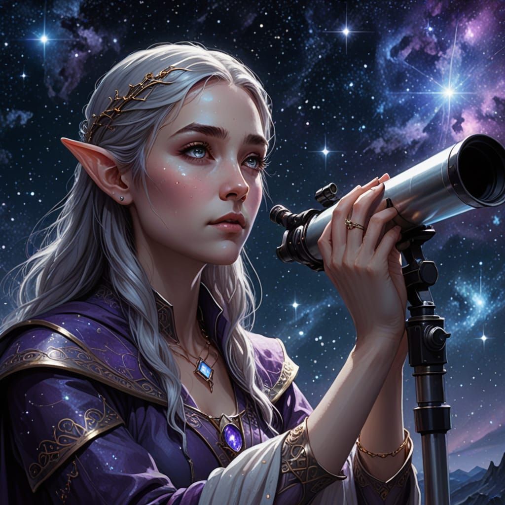 An elven girl looking through a telescope