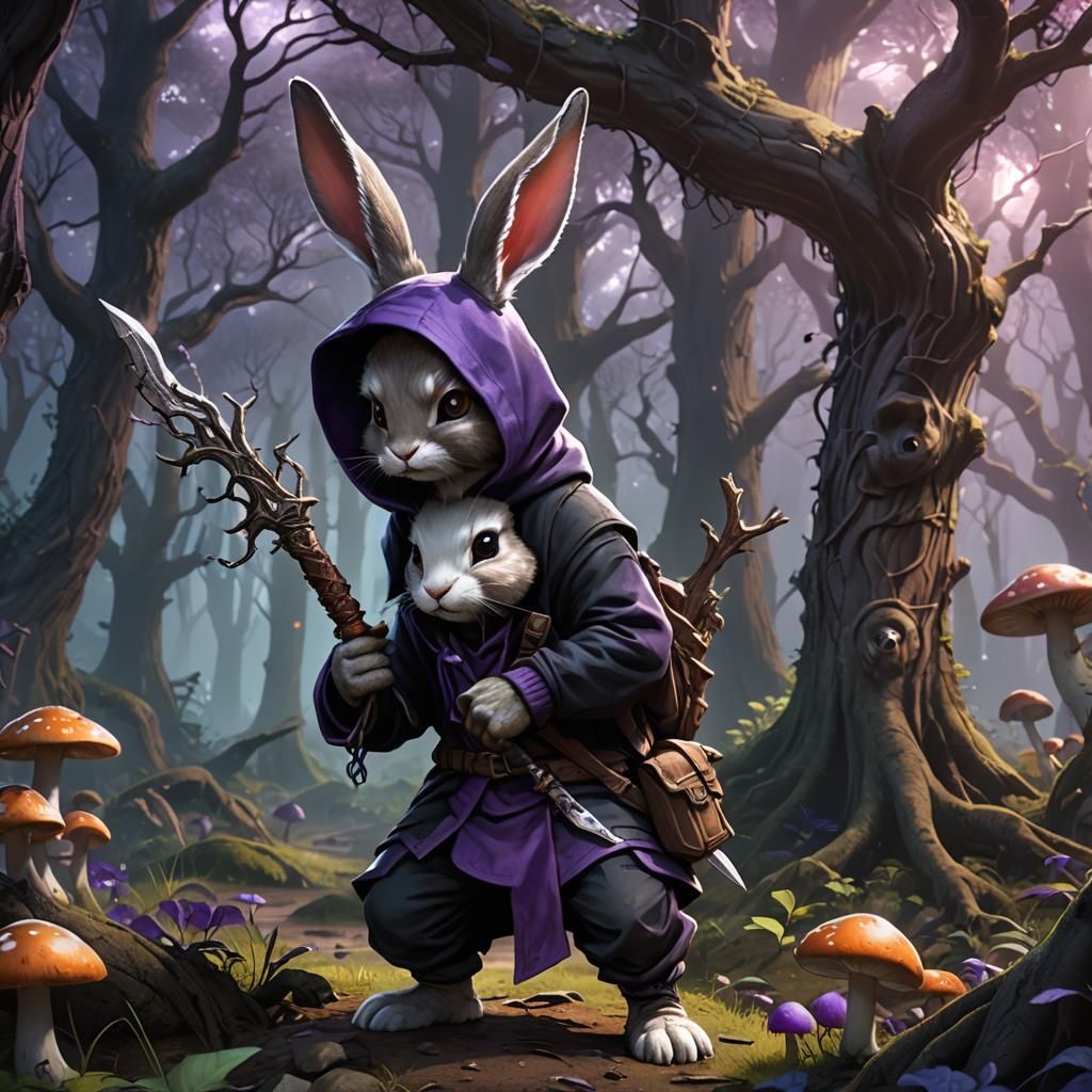 Cute Rabbit Assassin in Mystical Forest, Fantasy Art
