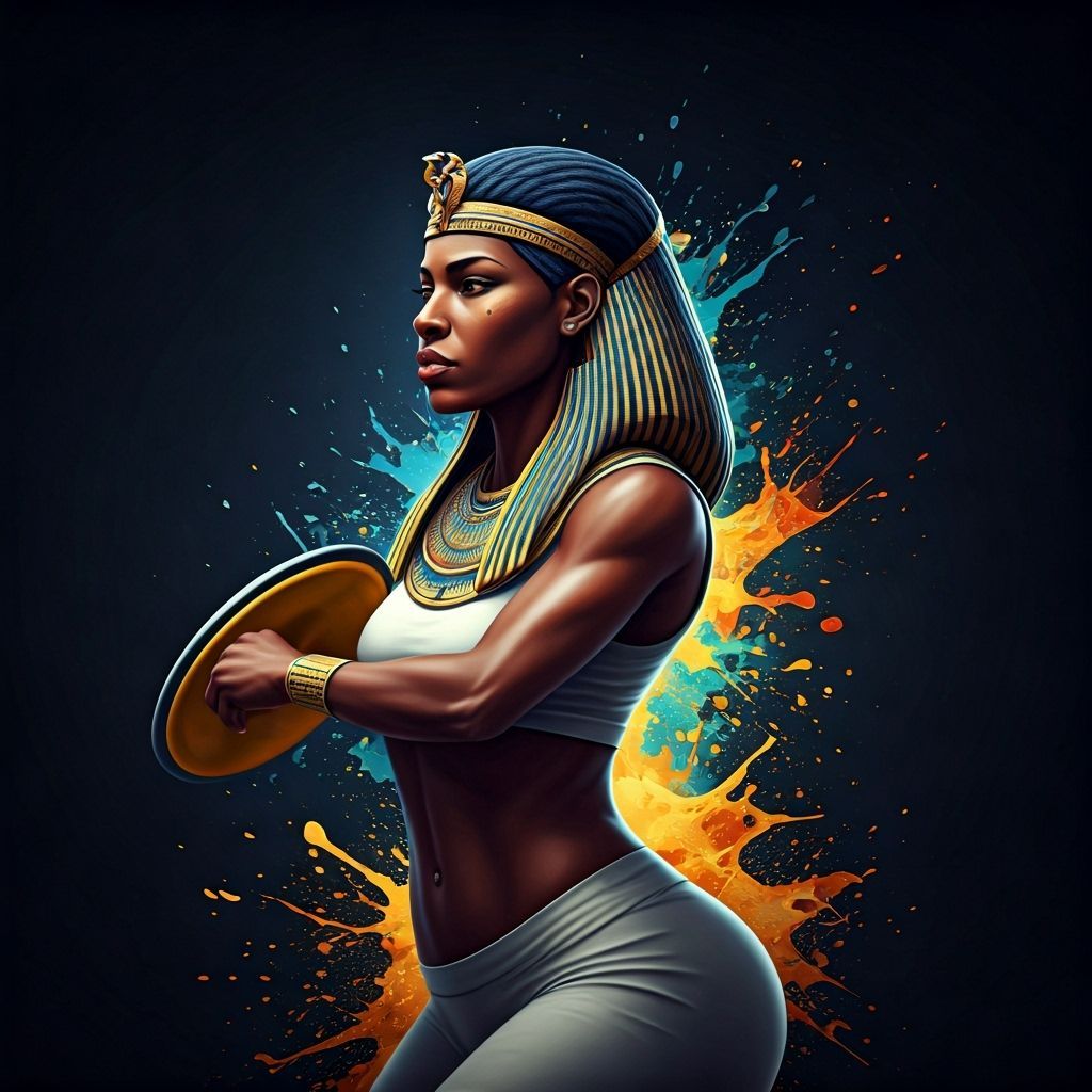 Black Egyptian Female Discus Thrower in Hyperrealistic Splas...