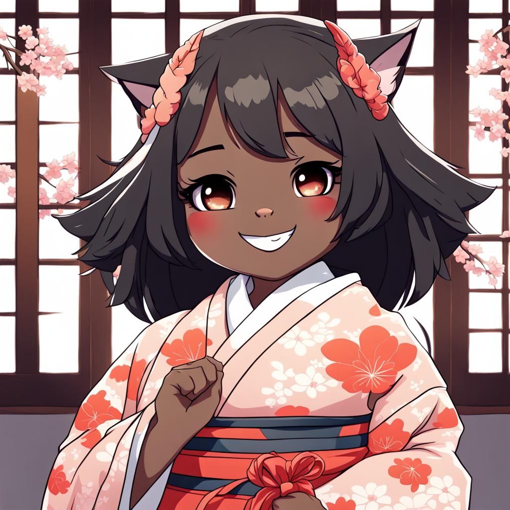Ebony Cat Girl in Kimono, Anime Style