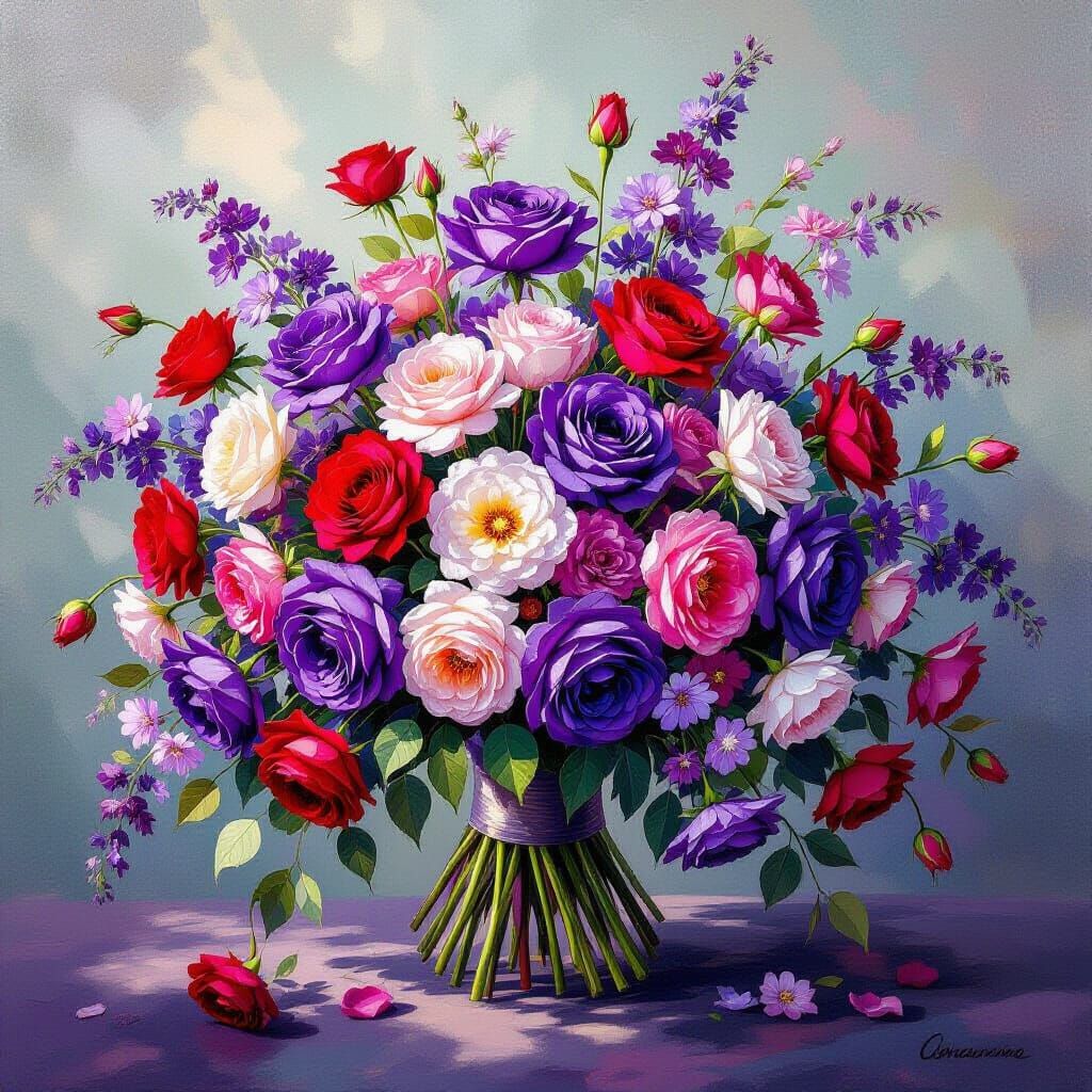 Vivid Oil Painting of Lush Purple Rose Bouquet