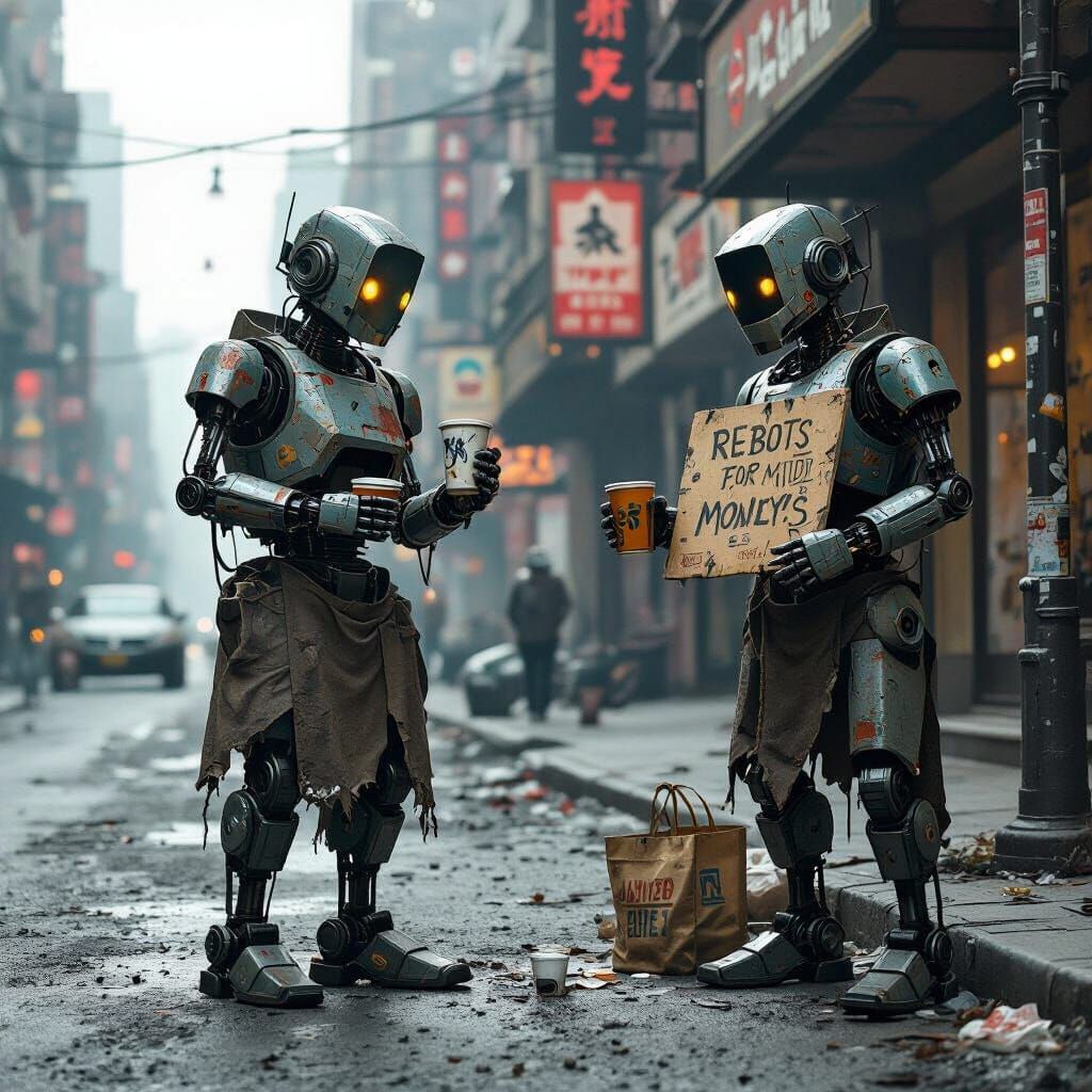 Robots Begging in Desolate City: Gritty Futuristic Art