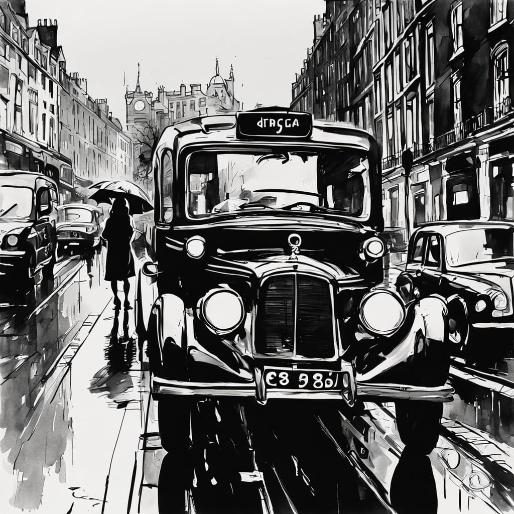 Ink Painting: Woman Hailing Cab in London