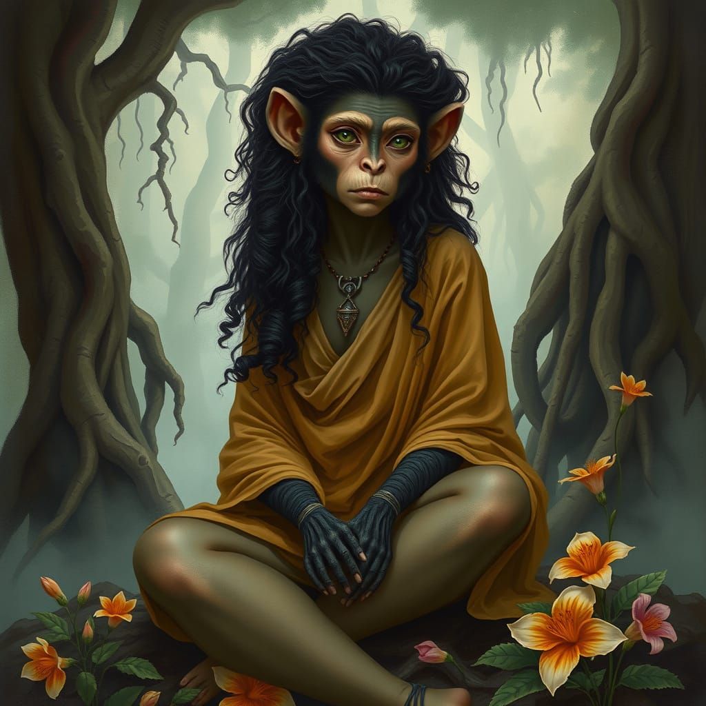 Mystical Monkey Woman in Futuristic Folk Art Style