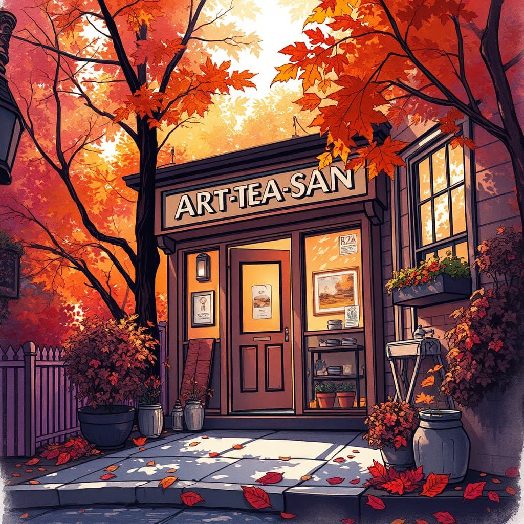 Autumn Art Studio Entrance in Watercolor Style
