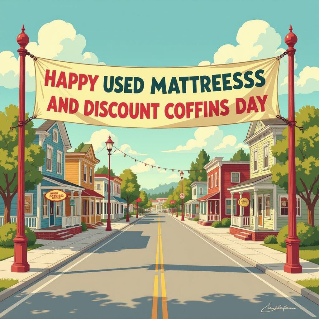 Whimsical Folk Art Banner in Small Town Style