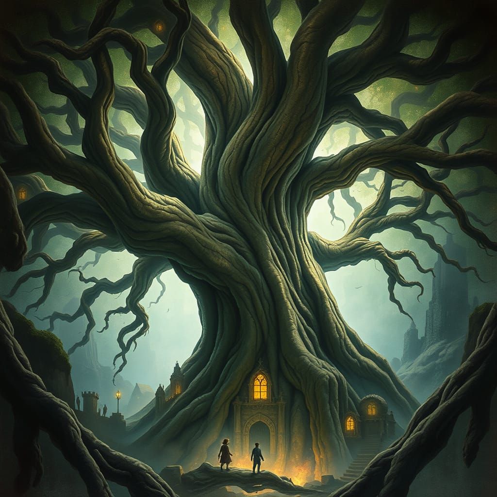 Ancient Tree Archway Over Hidden City in Watercolor Style