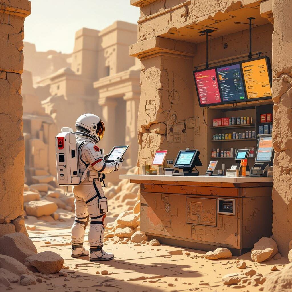 Astronaut in Ruins with Modern Retail Setup