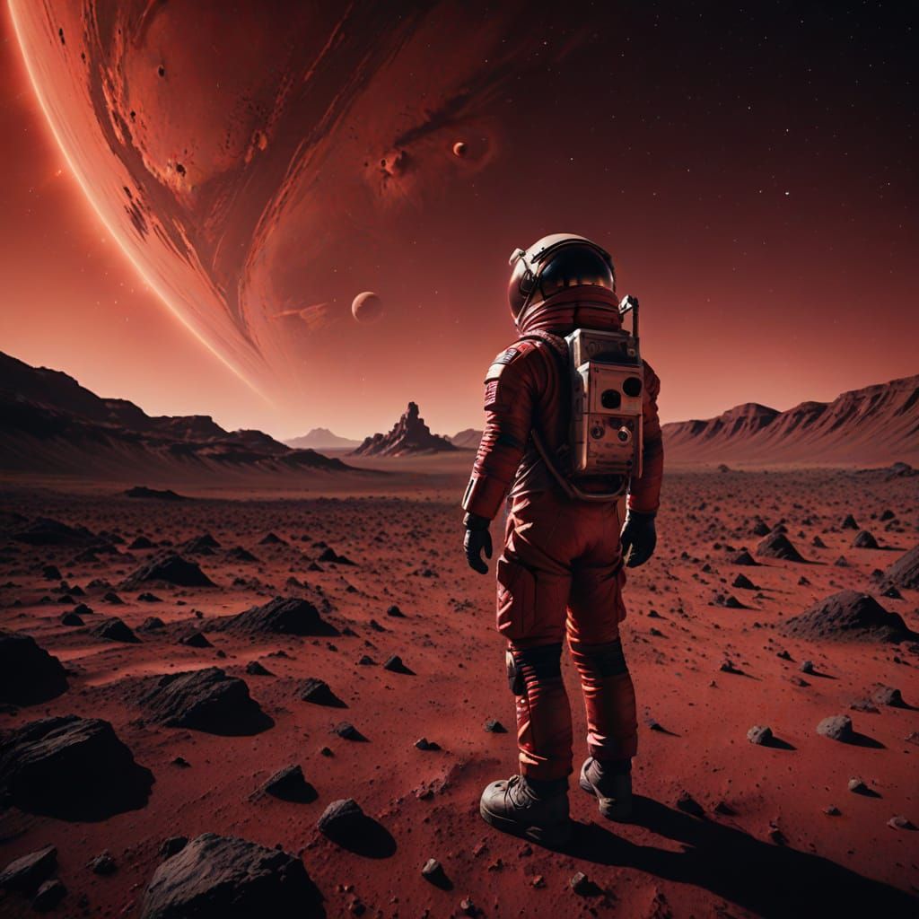 Astronaut Gazing at Crimson Nebula on Mars