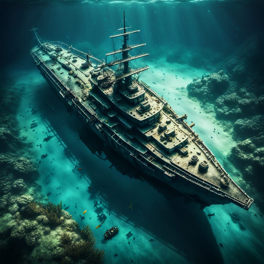 Battleship Wreck on Ocean Floor in Cinematic Style