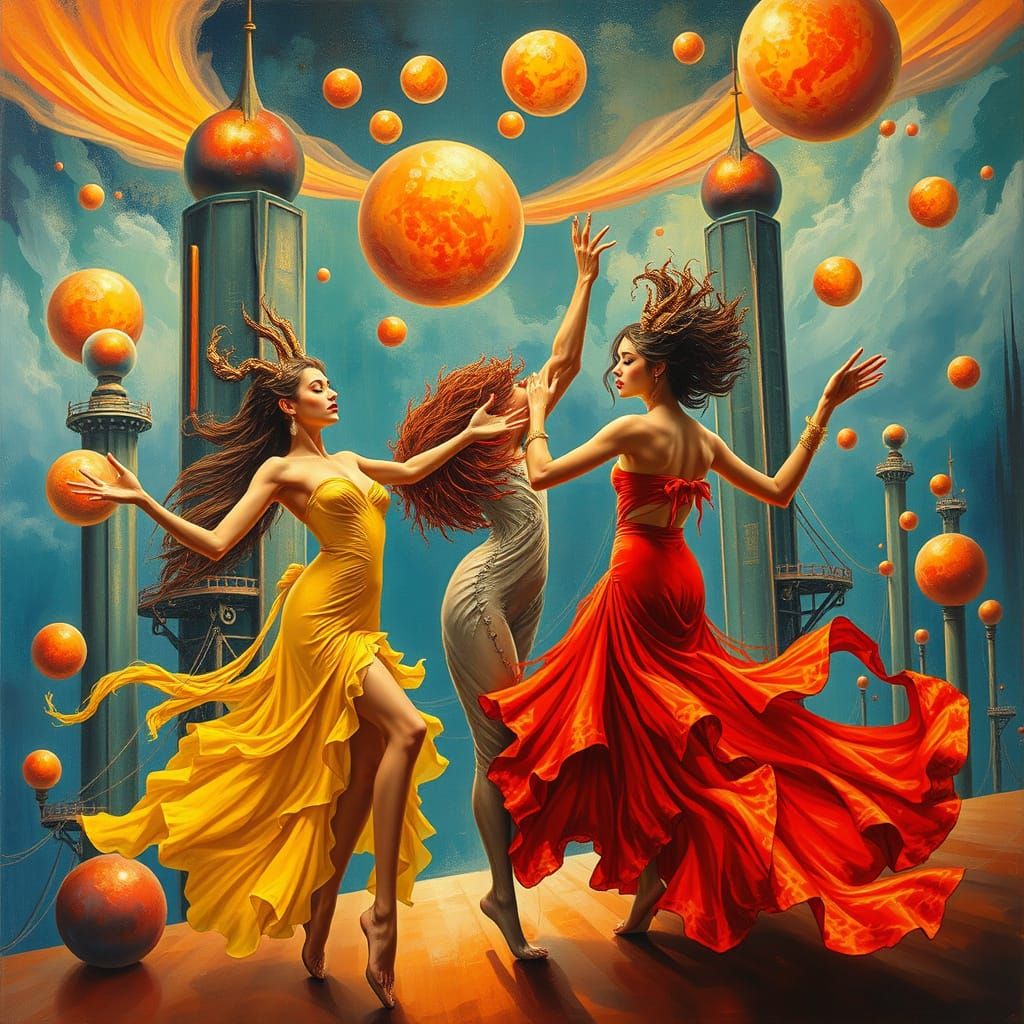 Nymphs Dancing in Futuristic City, Surreal Oil Painting