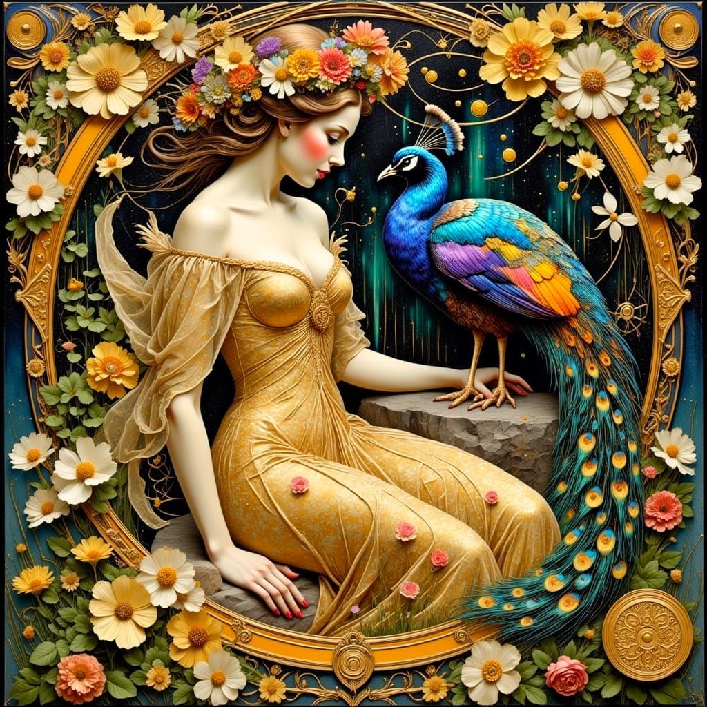 Ethereal Goddess Embracing Spring with Iridescent Peacock