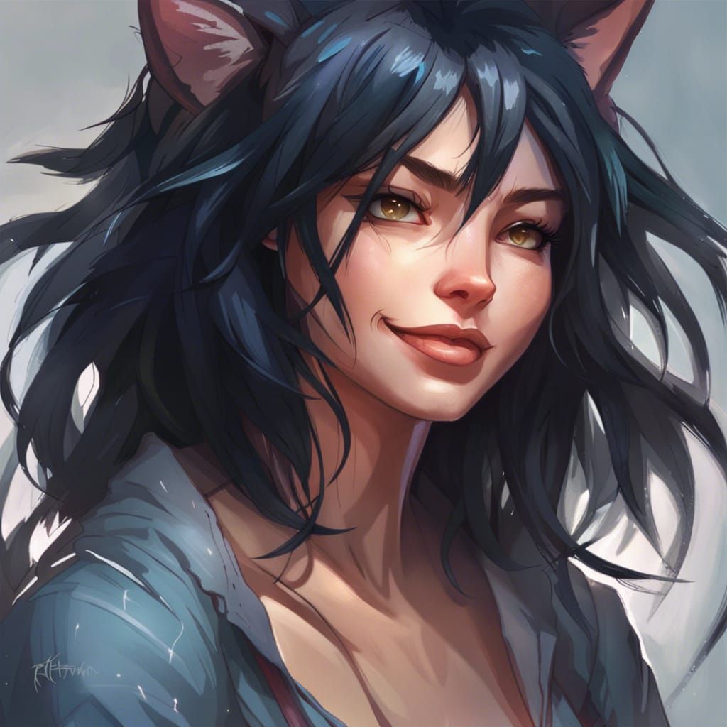 Happy Catgirl Portrait in Hyperdetailed Splash Art Style