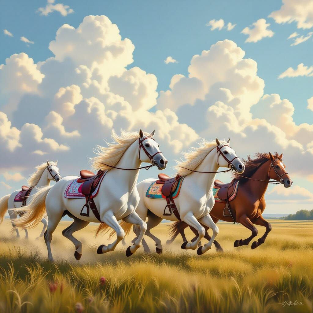 Majestic Horses Galloping Through a Whimsical Sky