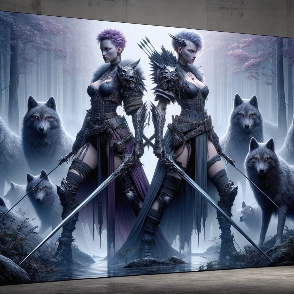 Gothic Warrior Women with Wolves in Misty Forest