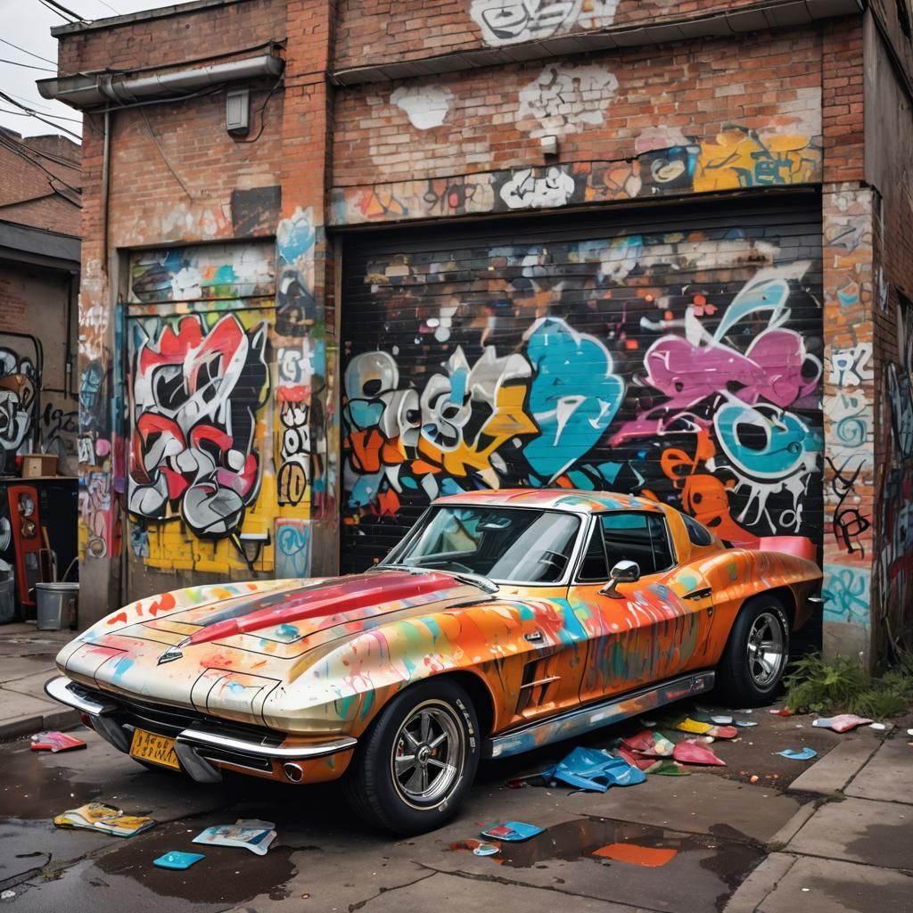 Car Garage with 60s Corvette in Trash Polka Style
