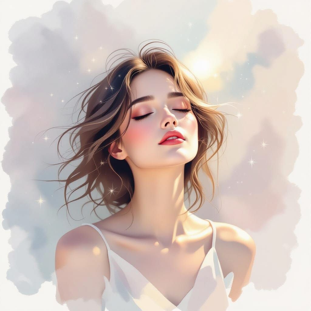 Ethereal Watercolor of Woman in Dreamy Trance