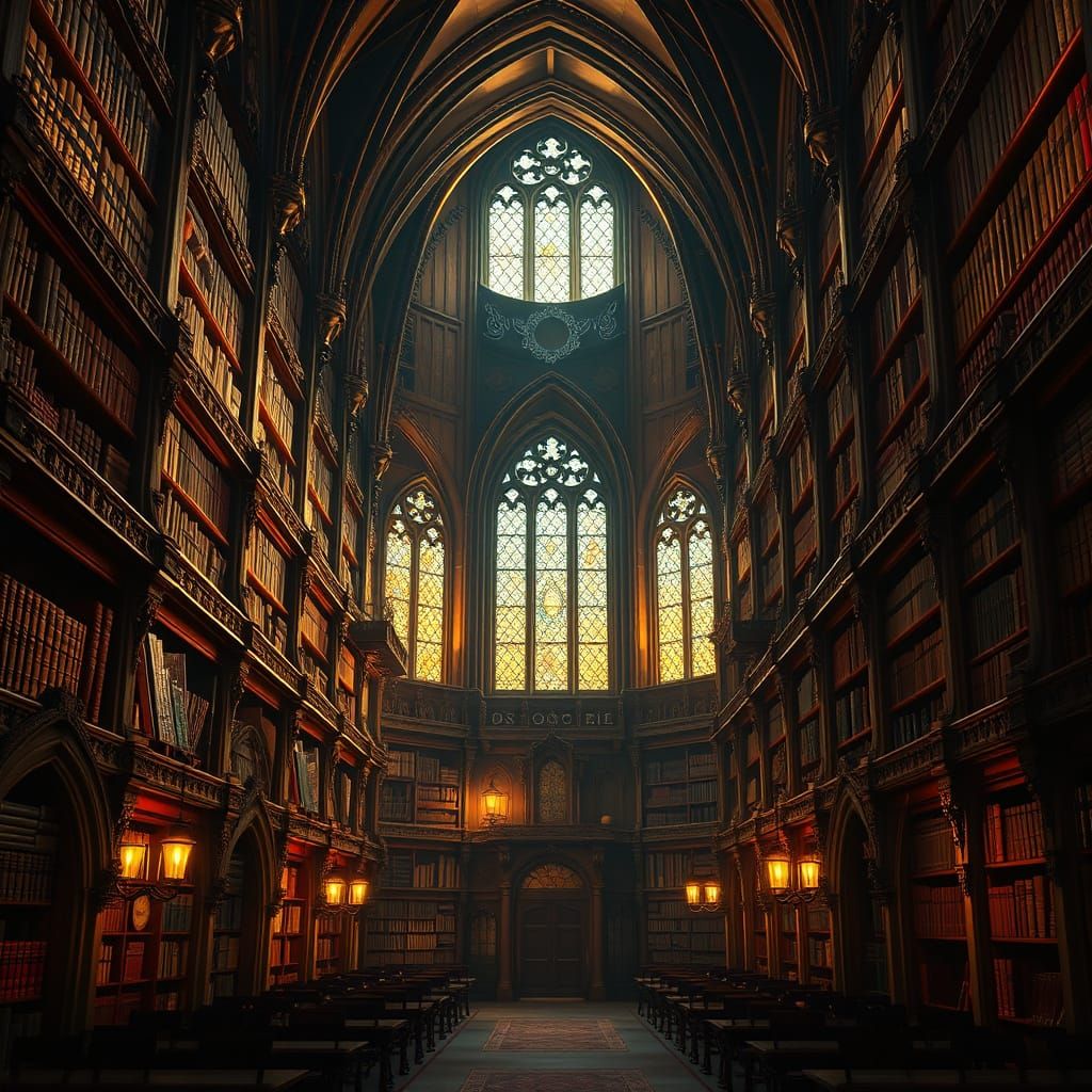 Enchanted Hogwarts Library in Warm Golden Light