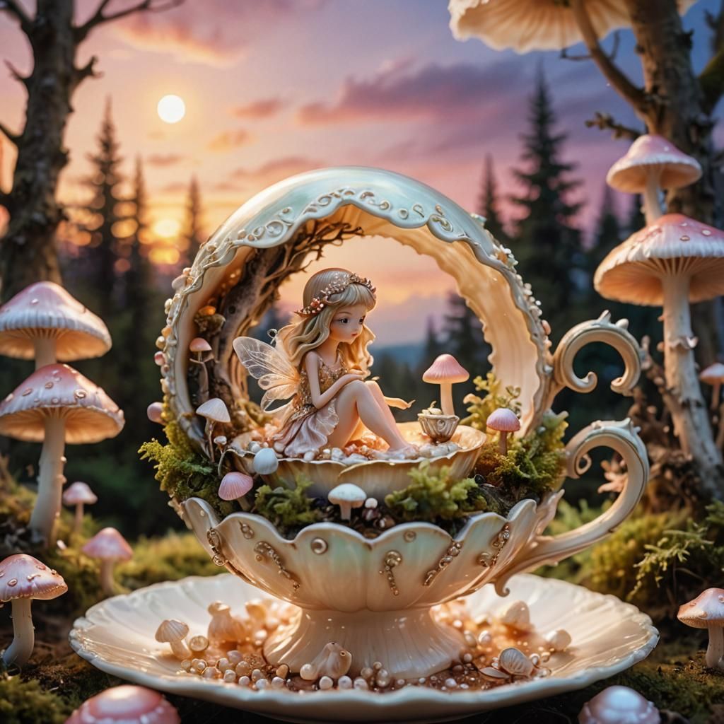 Fairy in Teacup: Whimsical Miniature Fantasy Scene