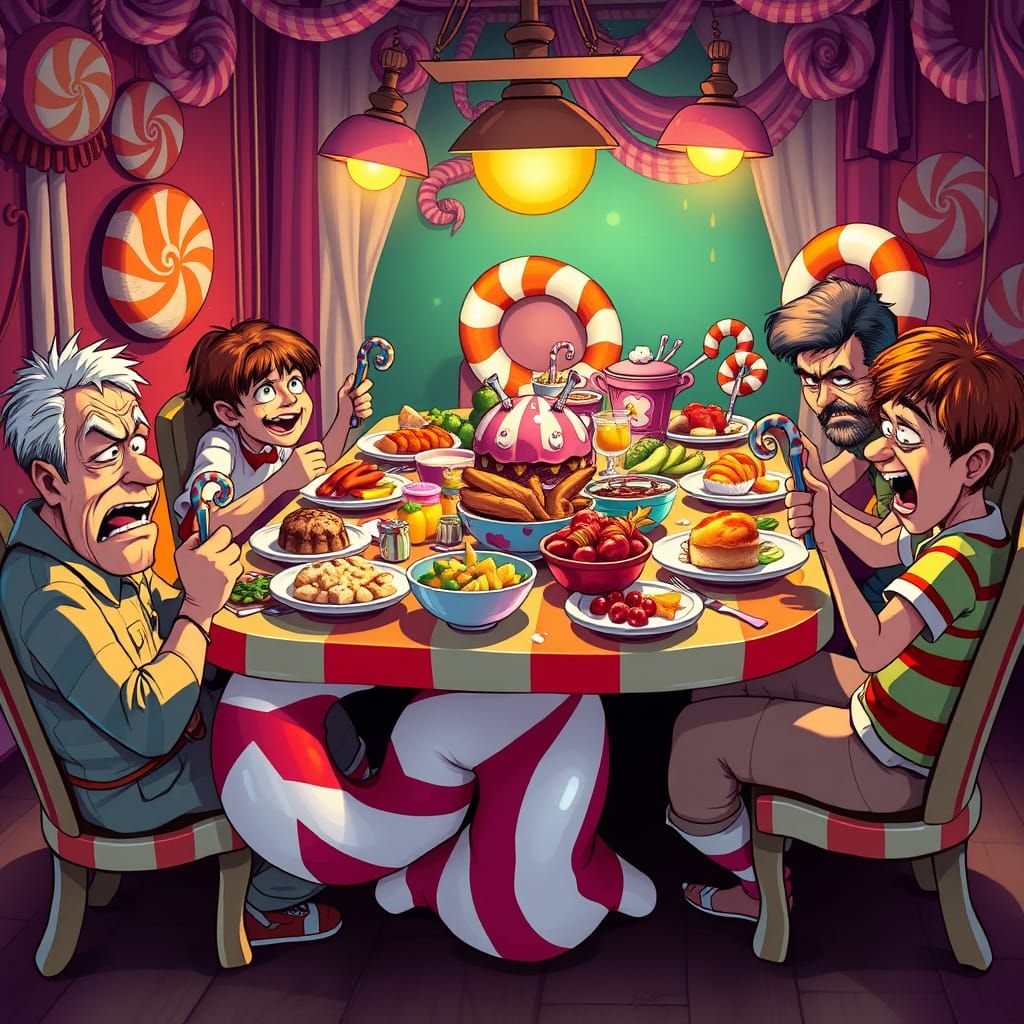 Whimsical Candyland Dinner Table in Vibrant, Swirly Style