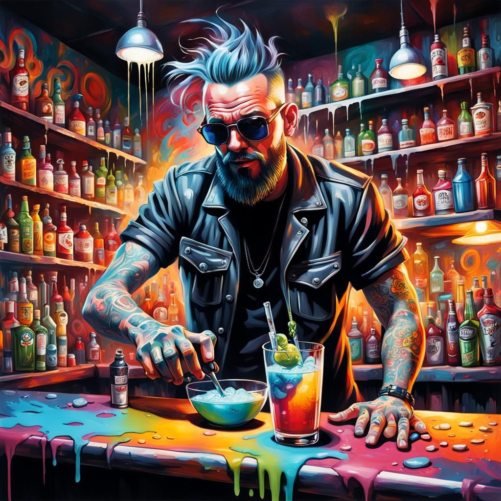 Tattooed Rocker Bartender in a Graffiti Art Bar