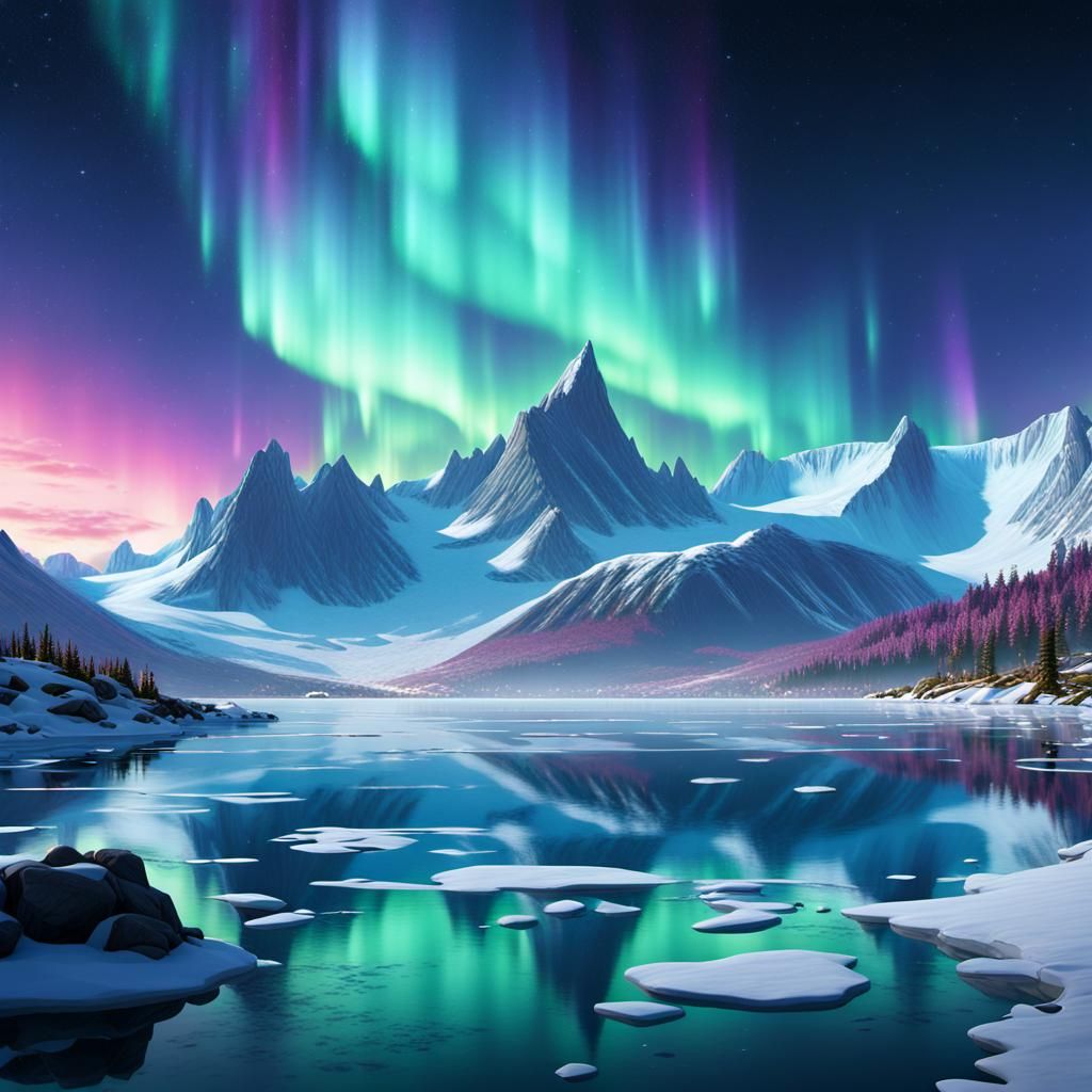 Aurora Borealis Over Frozen Lake in Fantasy Art