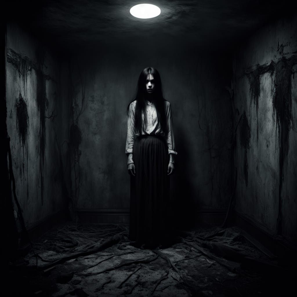 Occult Horror Art of a Pale Woman in Dark Room