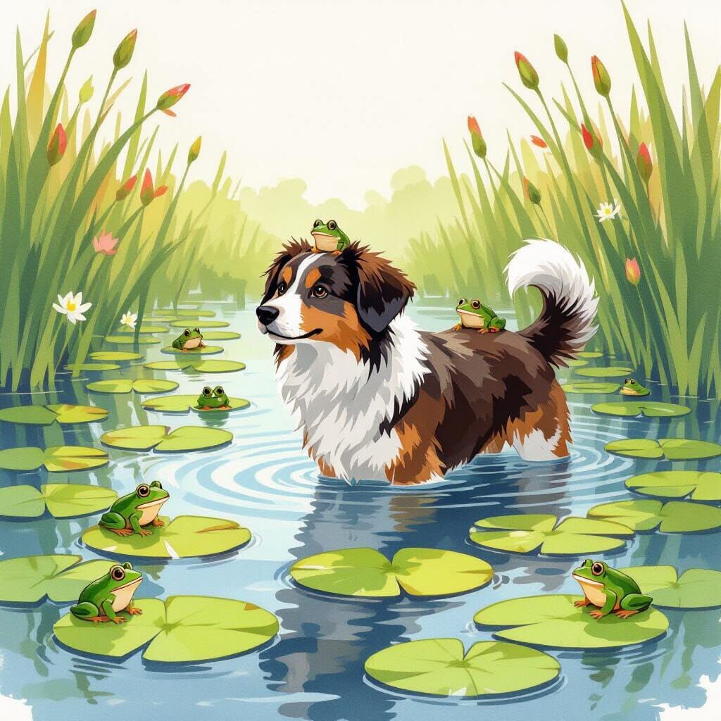 Dog and Frogs in Pond, Whimsical Watercolor Painting