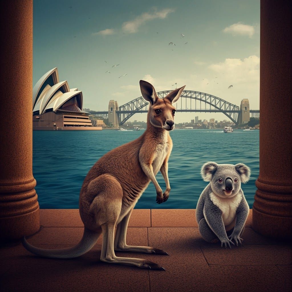 Surreal Kangaroo and Koala in Sydney, Fantasy Art