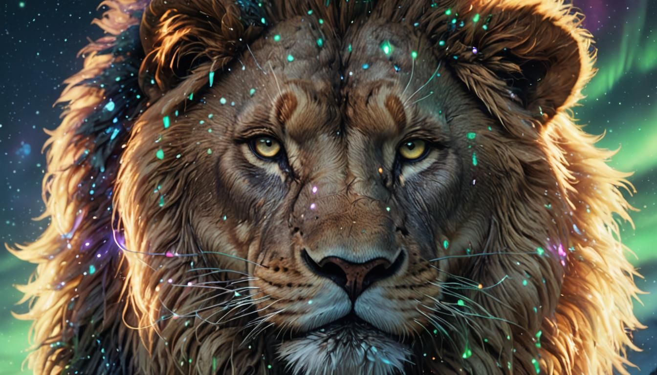 Lion in Northern Lights: Hyperdetailed Artstation Portrait