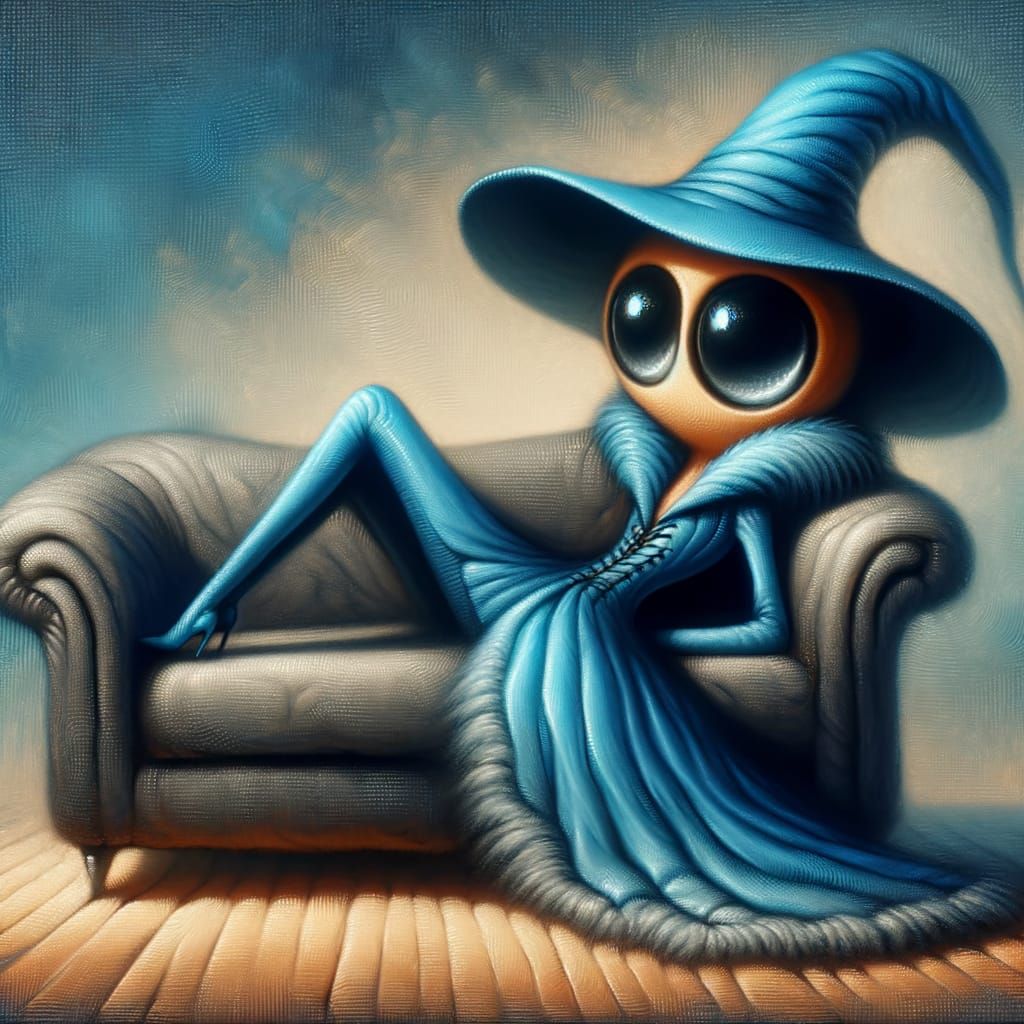 Surreal Whimsical Painting of a Blue Witch on Sofa