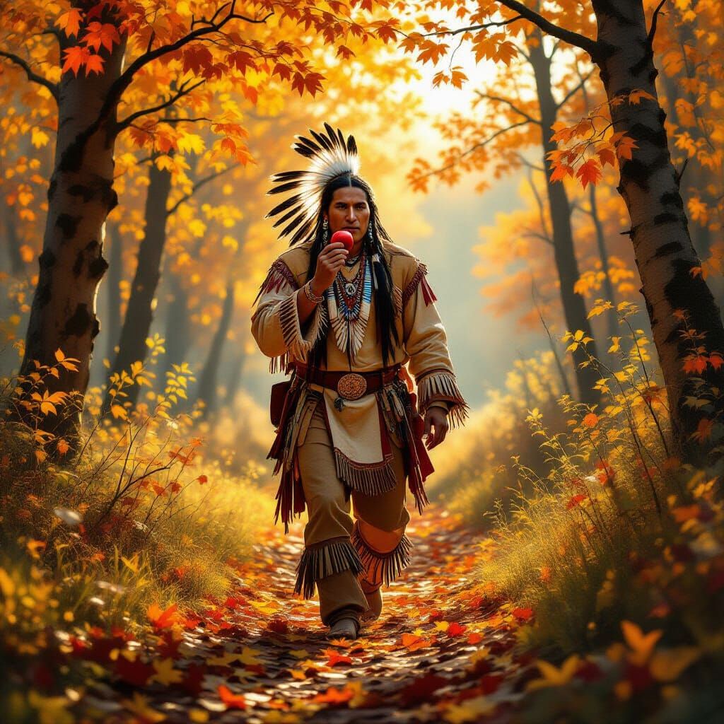 Native American Man in Autumn Forest, Painterly Style