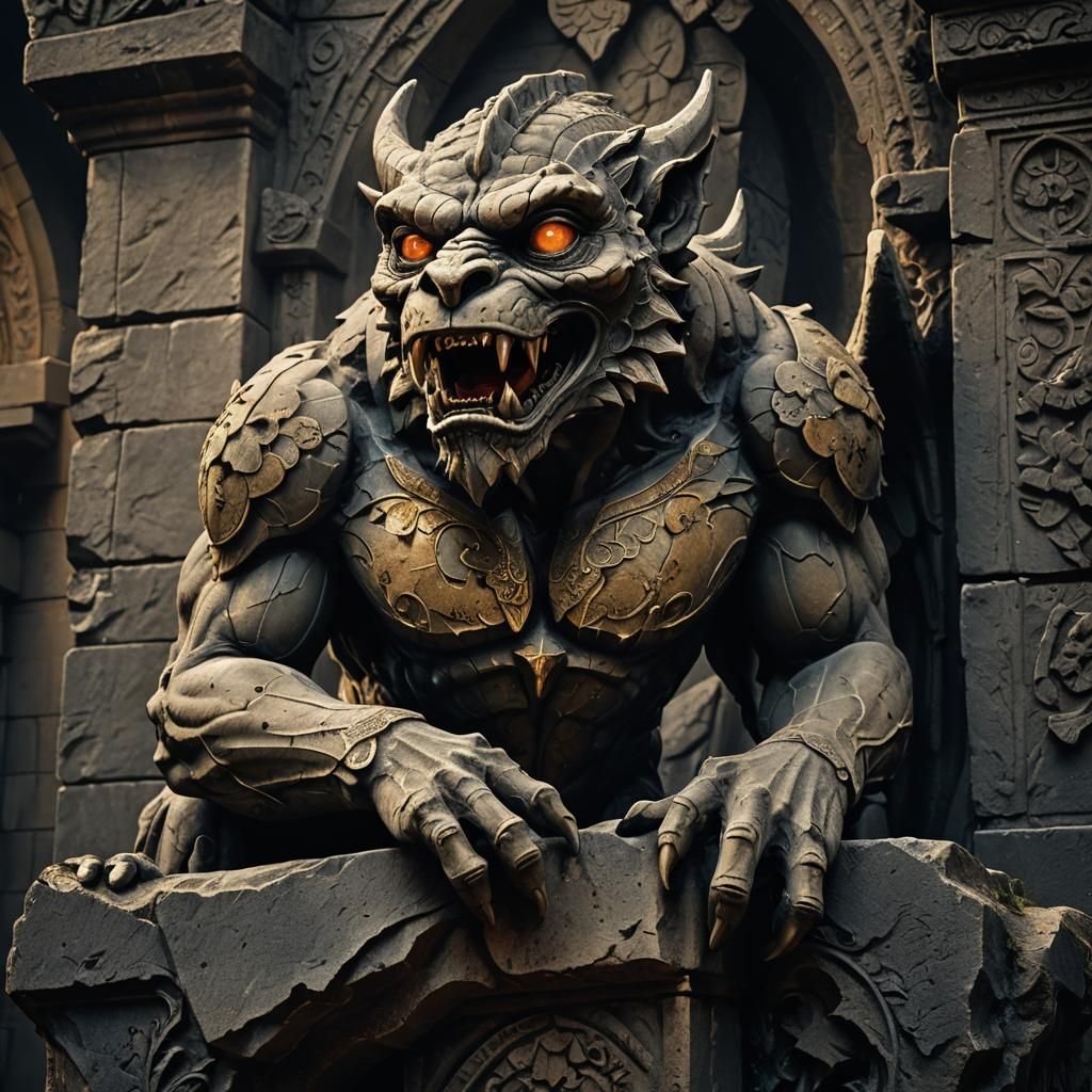 Stone Gargoyle with Glowing Eyes in Dark Fantasy Art