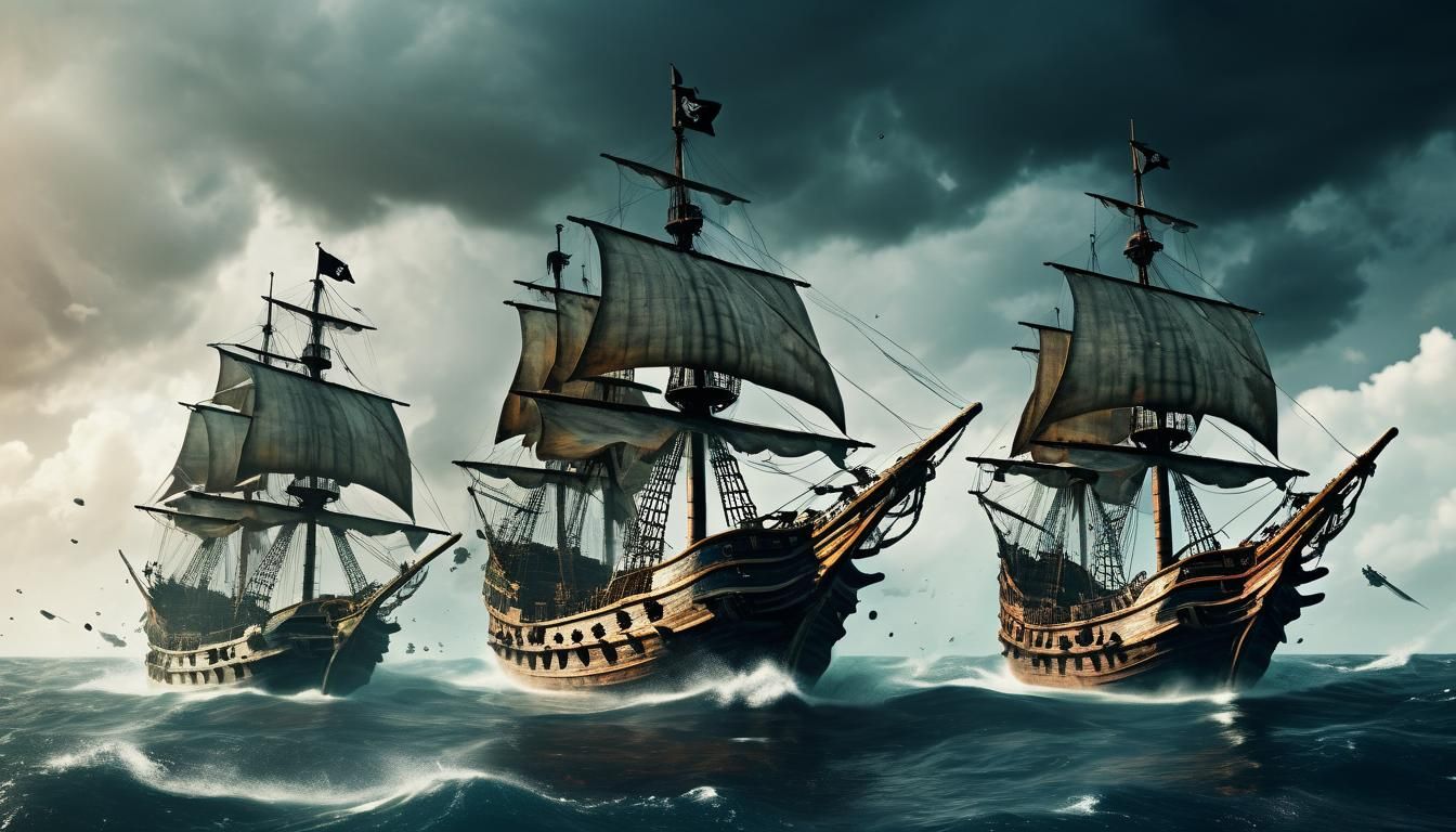 Two pirate ships fighting each other in a fierce battle
