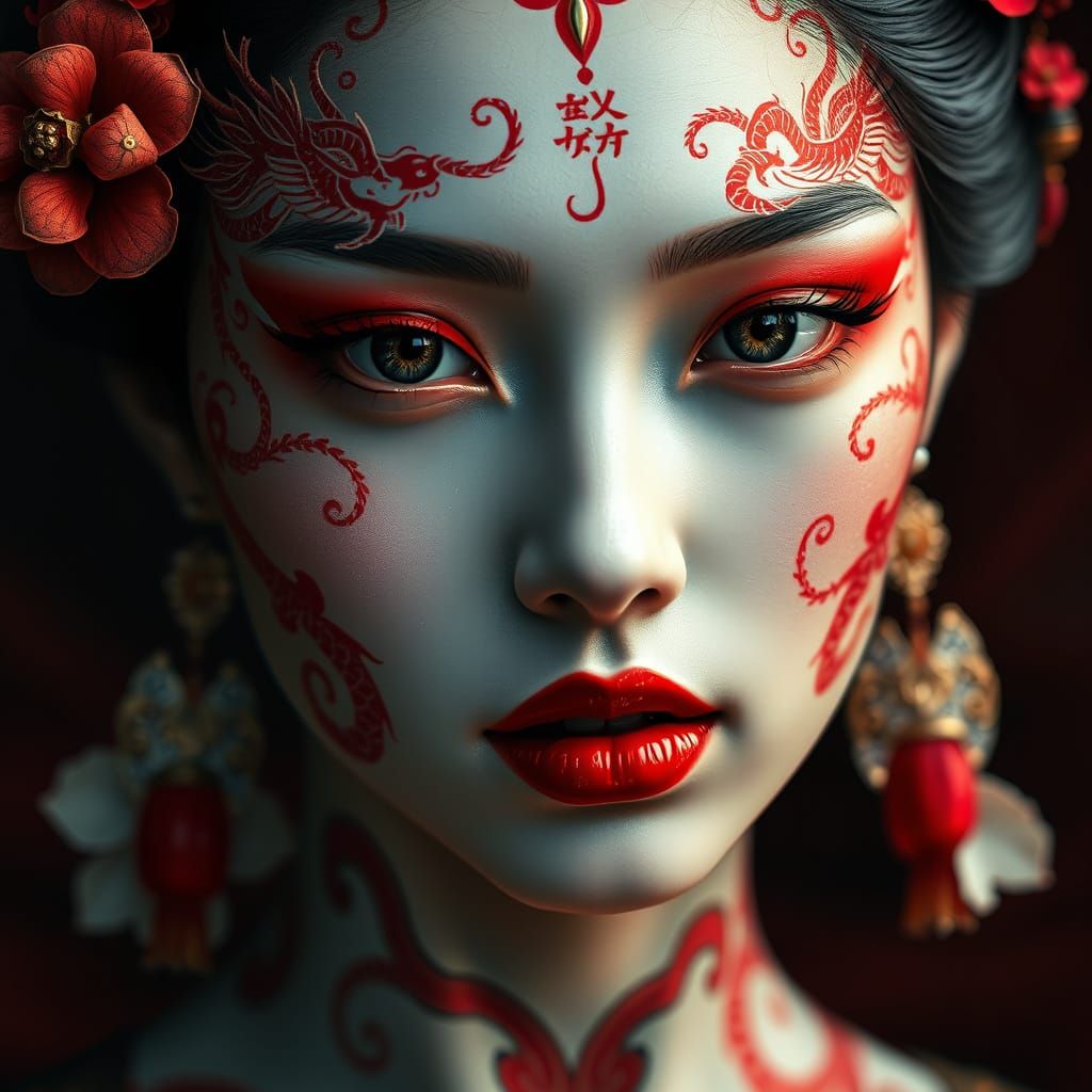 Ethereal Figure with Intricate Asian-Inspired Facial Art