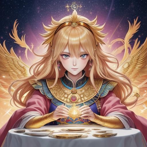 Blonde Girl with Phoenix Tarot Cards, Manga Illustration