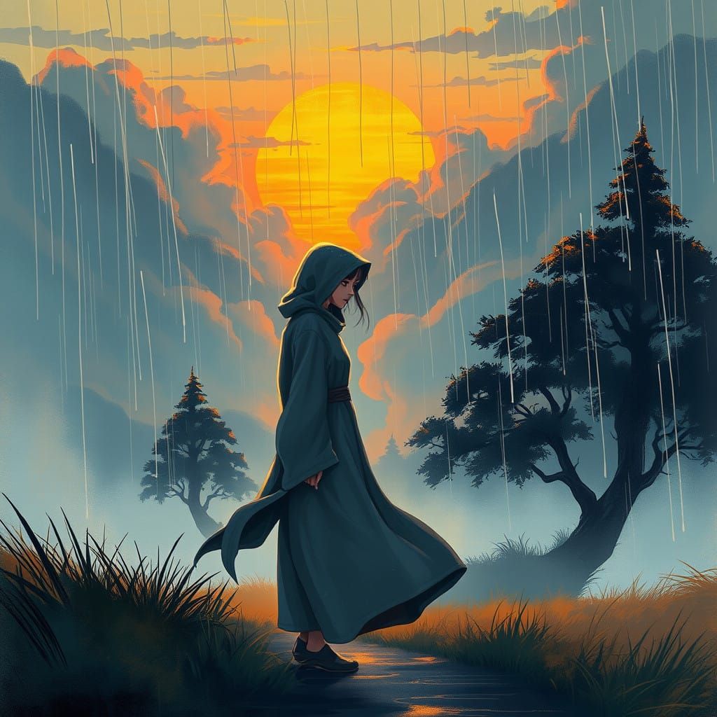 Mystical Woman Walks Through Dreamlike Landscape at Sunset