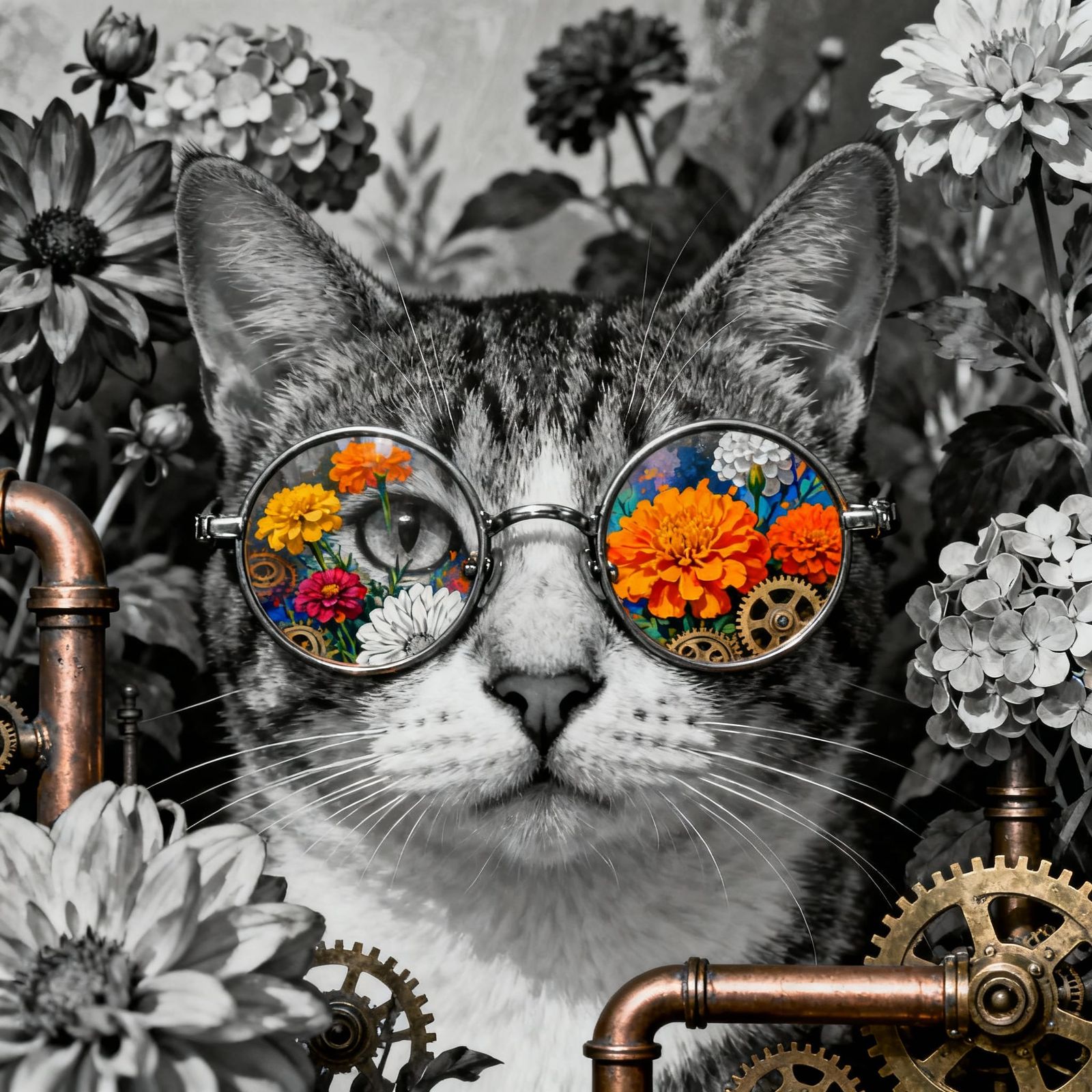 Cat in Garden with Vibrant Glasses, Matisse Style