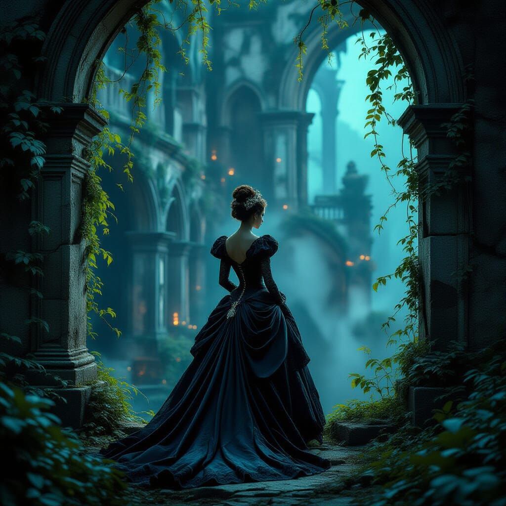 Victorian Woman in Lace Gown by Overgrown Cityscape