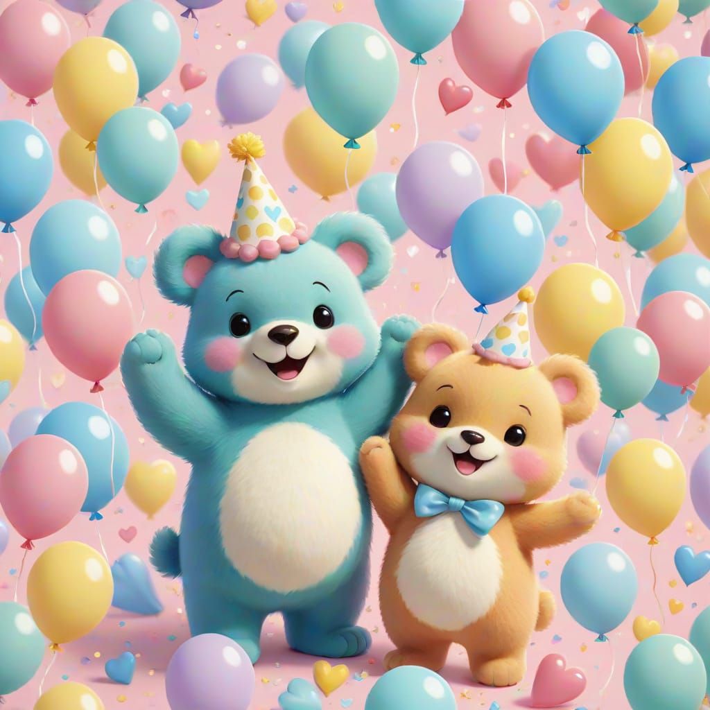Playful Pastel Illustration with Balloons and Cartoon Charac...