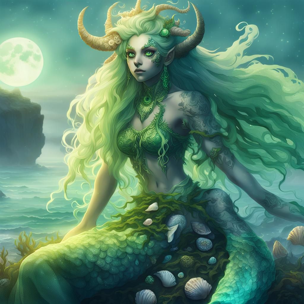 Anime Mermaid Satyr in Misty Moonlight, Fantasy Art