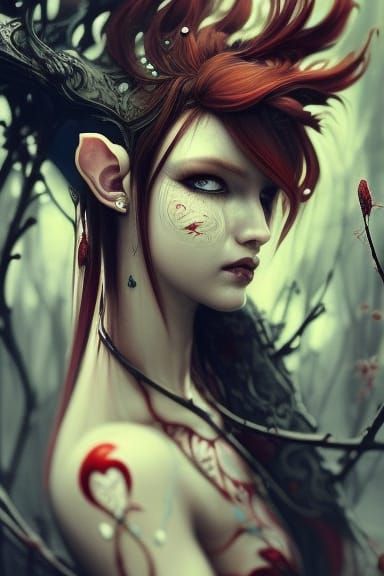 Red-Haired Elf with Flowers: Digital Matte Painting