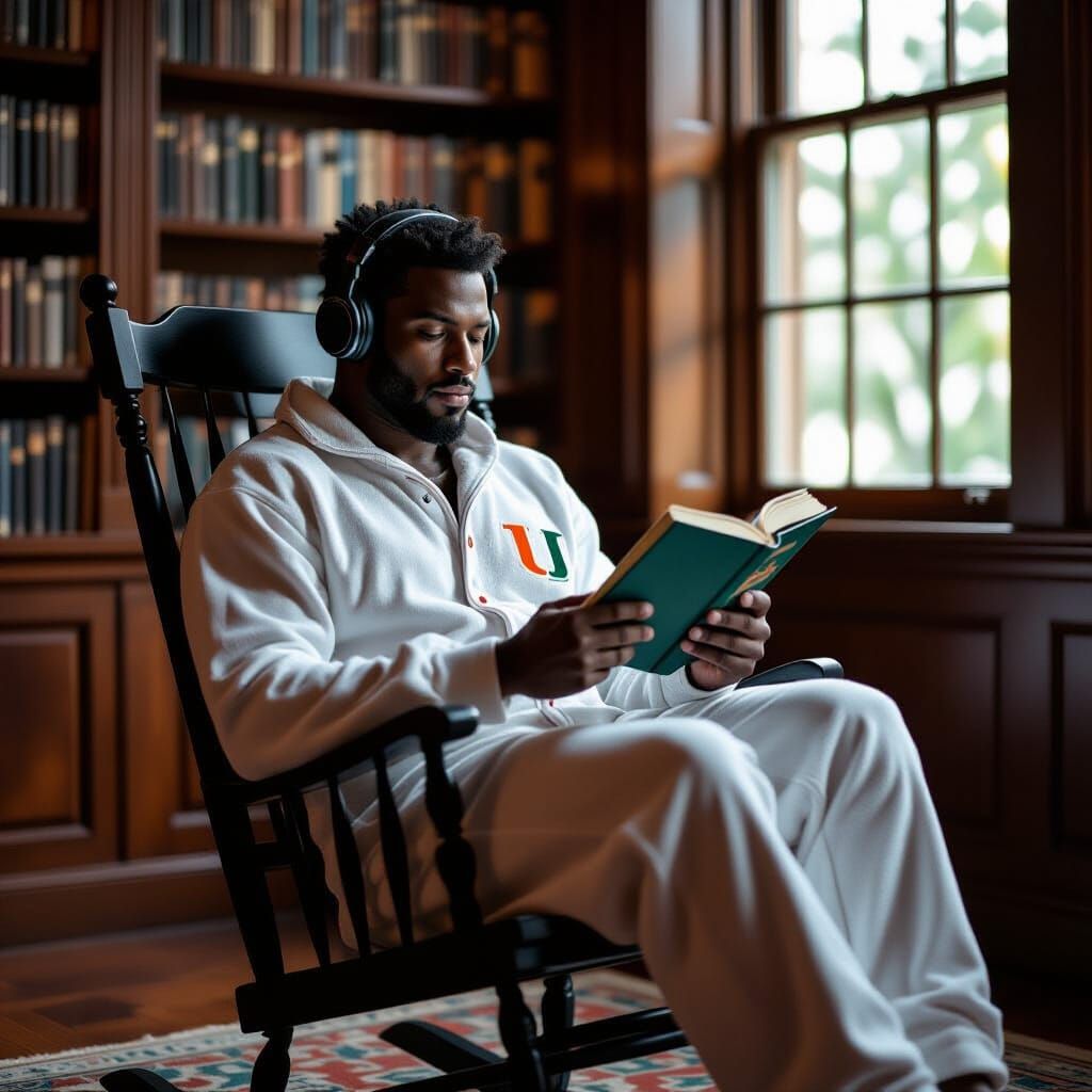 Man Reading in Book-Lined Room in Miami Hurricanes Pajamas