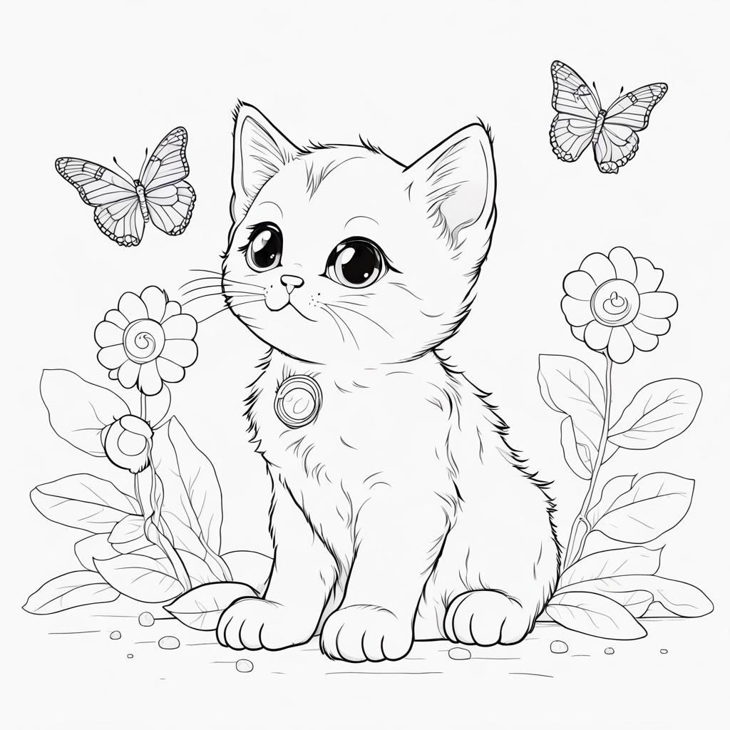 Kitten's First Butterfly Encounter: Kawaii Coloring Page