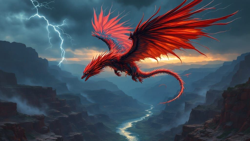 Majestic Red Phoenix Dragon Soars Over Canyon in Stormy Skie...
