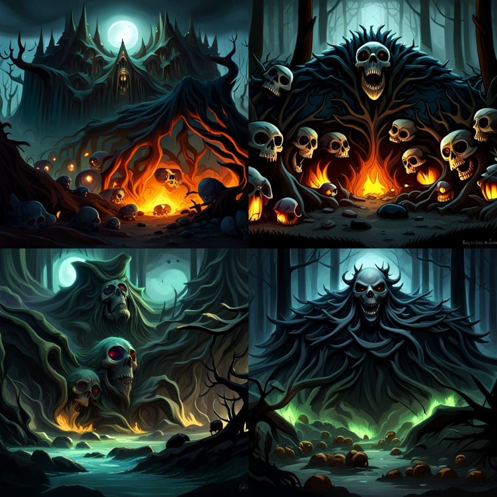 Skulls in Sinister Forest: Dark Fantasy Concept Art