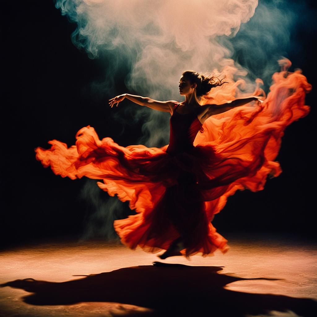 Dancer in Fiery Dress: Cinematic Still