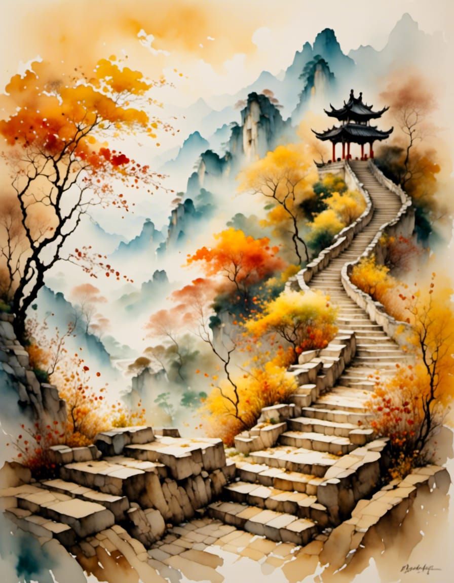 Misty Mountain Path in Autumn Watercolor