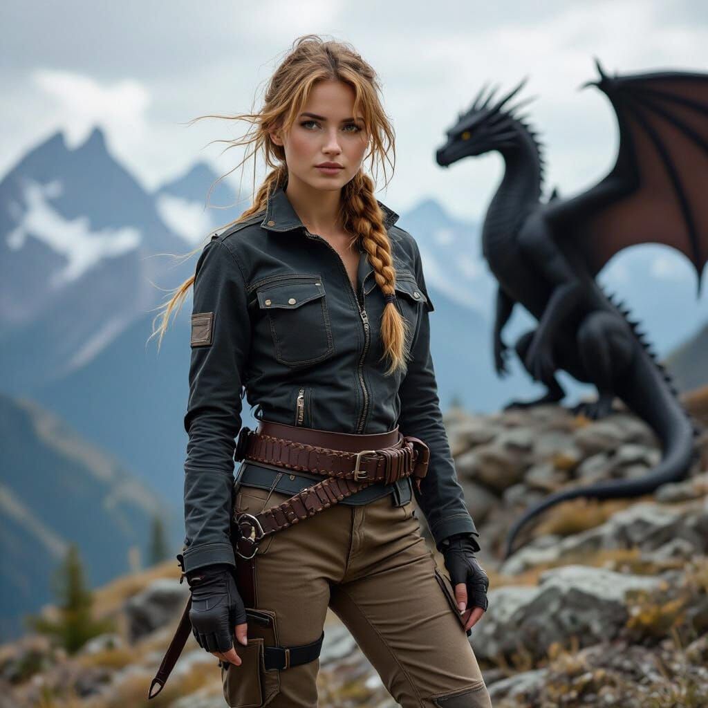 Fantasy Warrior Woman with Dragon on Mountaintop